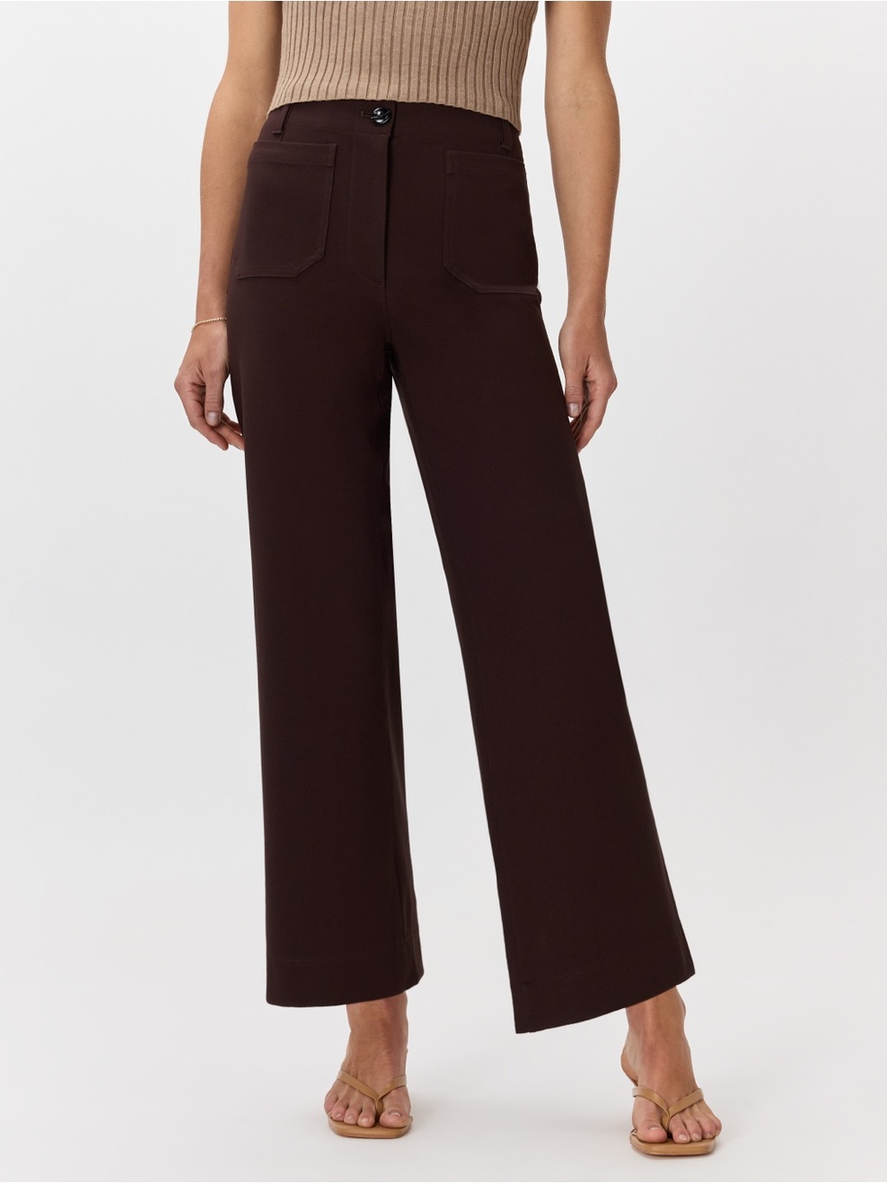 Quince Ultra-Stretch Ponte Cropped Wide Leg Pants 6 Brown Patch Pockets Minimal